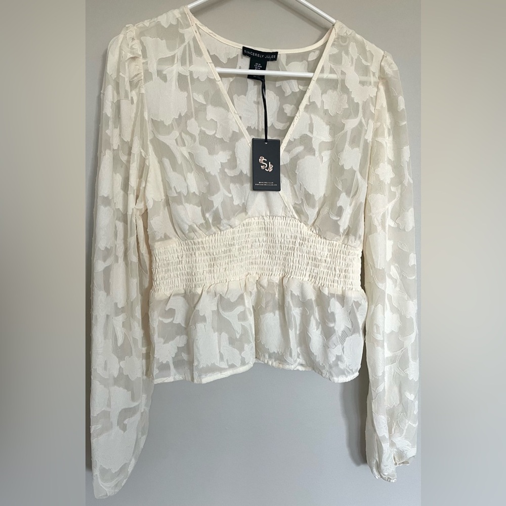 Sincerely Jules Sheer Floral Smocked Peplum Top NEW